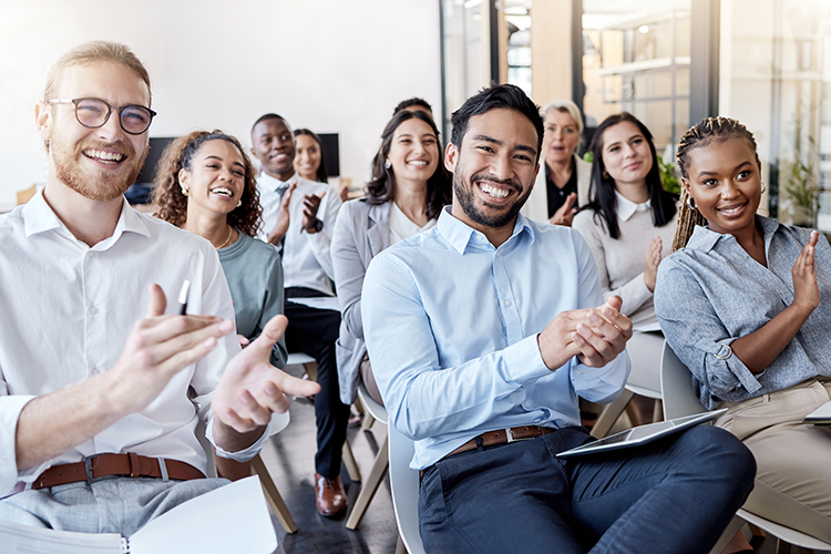 Business meeting with happy corporate people 